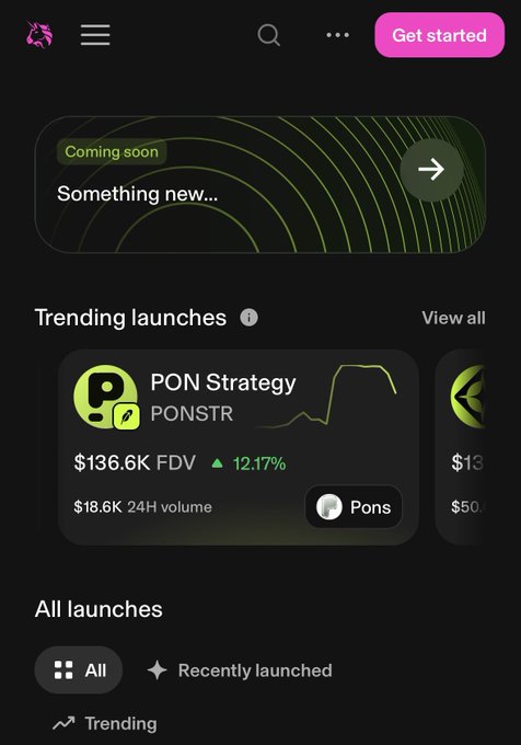A screenshot of a dark-themed crypto token launchpad app showing a 'Coming soon' banner and a 'Trending launches' section featuring 'PON Strategy' (PONSTR) with $136.6K FDV and a 12.17% increase in FDV.