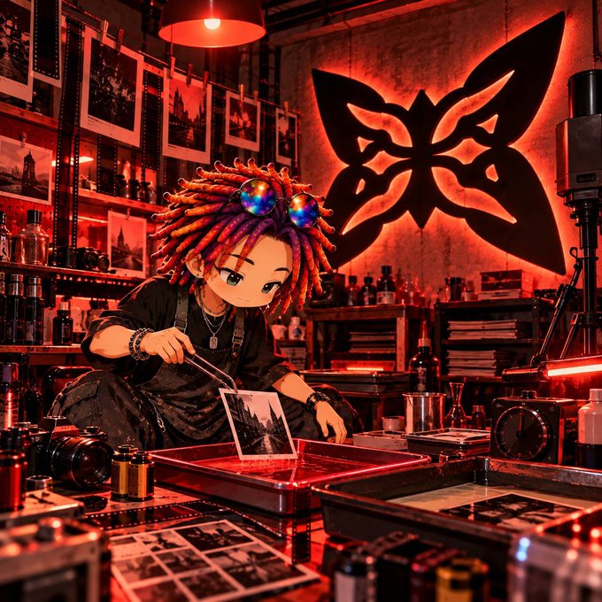 An anime-style character with colorful dreadlocks and round reflective sunglasses works in a darkroom illuminated by red safelight, developing a photograph near a large butterfly emblem on the wall.