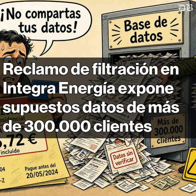 An illustration showing a distressed person at a computer with speech bubbles reading '¡No compartas tus datos!' and a filing cabinet labeled 'Base de datos' containing files marked 'Datos sin verificar'. Overlaid text states 'Reclamo de filtración en Integra Energía expone supuestos datos de más de 300.000 clientes'.