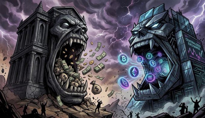 A dramatic illustration shows two monstrous bank-like structures—one labeled "Central Bank" devouring paper money on the left, and a building displaying cryptocurrency symbols (Bitcoin, Ethereum, Solana) and the word "Exchange" consuming digital coins on the right—while tiny human figures flee below amidst purple storm clouds and lightning, visually representing the post's warning about banks and centralized exchanges "consuming" wealth compared to the importance of self-custody.