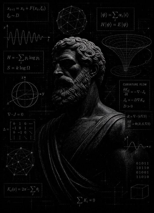 A dark, stylized portrait of a classical bearded statue surrounded by floating mathematical and physics equations, including H|ψ⟩ = E|ψ⟩, S = k log Ω, and curvature flow formulas.