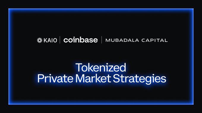 Promotional graphic displaying 'KAIO | coinbase | MUBADALA CAPITAL' above the title 'Tokenized Private Market Strategies' against a dark background with blue neon borders.