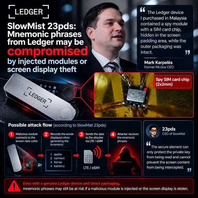 Ledger infographic warning that 'SlowMist 23pds: Mnemonic phrases from Ledger may be compromised by injected modules or screen display theft,' featuring a photo of Mark Karpelès (Former Mt.Gox CEO) and a four-step attack flow diagram.