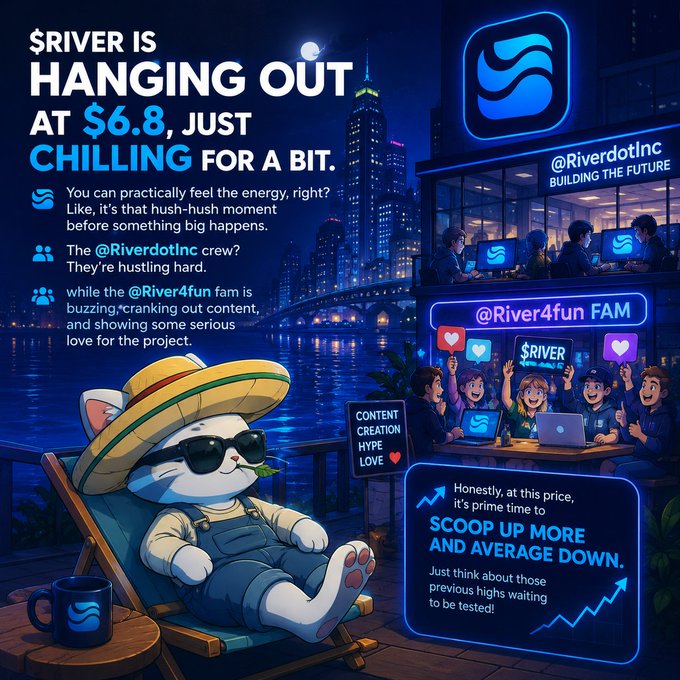 The image shows a white cat wearing a straw hat lounging on a beach chair near a city skyline at night. The caption next to the image says "Whoa, $RIVER is hanging out at $6.8, just chilling for a bit. You can practically feel the energy, right? Like, it's that hush-hush moment before something big happens. The @RiverdotInc crew? They're hustling hard, while the @River4fun fam is buzzing, cranking out content".