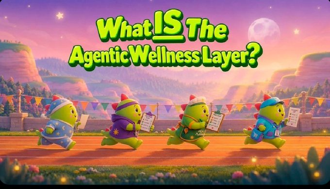 A colorful illustration of four small dinosaur-like characters running with clipboards under the text 'What IS The Agentic Wellness Layer?'