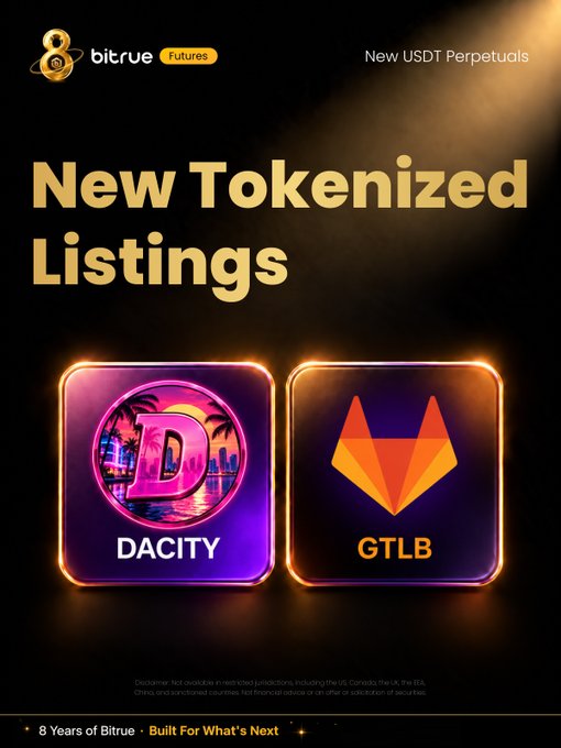 Bitrue Futures promotional graphic announcing new tokenized USDT perpetual listings: DACITY (a GTA 6-inspired meme coin) with up to 10x leverage and GTLB (a GitLab stock-linked perpetual) with up to 20x leverage, scheduled to begin trading October 20 at 12:00 UTC. The image features both tokens' logos on illuminated dark tiles alongside the Bitrue Futures branding.