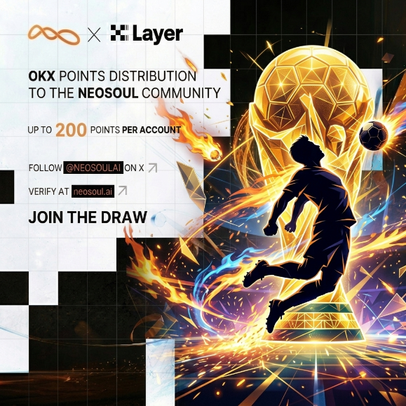 Promotional graphic for OKX points distribution to the Neosoul community, offering up to 200 points per account. The image features a soccer player kicking a ball in front of a glowing golden trophy, with instructions to follow @neosoulai and verify at neosoul.ai, supporting the post's announcement of Neosoul's "points wave 1" campaign.