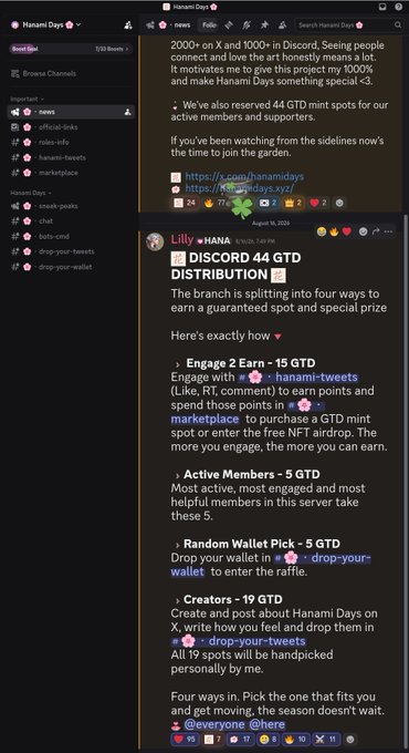 A Discord screenshot shows a message from Hanami Days announcing a limited NFT project with "2000+ on X and 1000+ in Discord" and 44 GTD (Guaranteed) mint slots, along with details on four ways to qualify, including "Engage 2 Earn," "Active Members," "Random Wallet Pick," and "Creators."