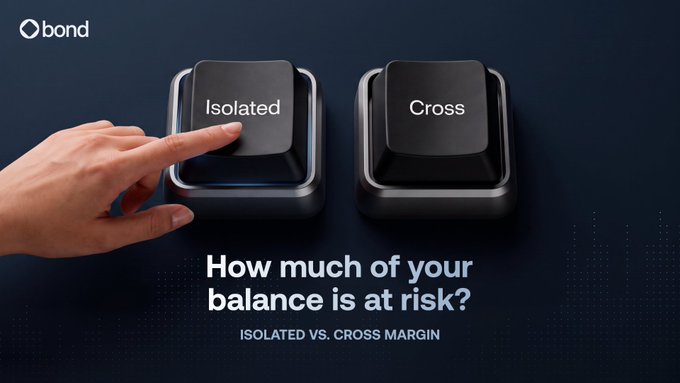 A hand hovers between two large black buttons labeled "Isolated" and "Cross," with the headline "How much of your balance is risk?" and subtext "IsOLATED VS. CROSS MARGIN" displayed beneath. The image appears unrelated to the post about DeFi borrow caps, as it actually illustrates margin trading concepts rather than borrowing limits.

Brand visible: Obond (logo, top left).