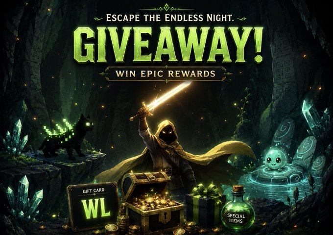 A fantasy-themed promotional banner announces a 'GIVEAWAY! WIN EPIC REWARDS' with the tagline 'ESCAPE THE ENDLESS NIGHT,' featuring a hooded swordsman, treasure chest, and gift card.