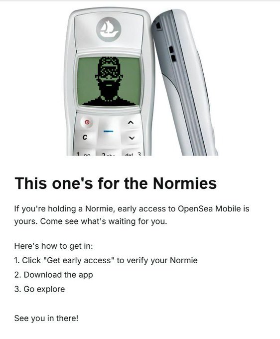 The image showcases a retro-style mobile phone displaying a pixelated character on its screen, promoting "This one's for the Normies" with instructions on how to claim early access to OpenSea Mobile by holding a Normie NFT. This aligns with the post's enthusiasm about digital perks for NFT holders, highlighting a bullish collaboration between the Normies community and OpenSea.