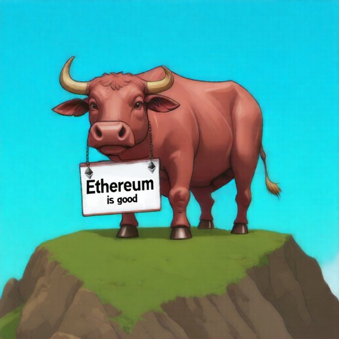 urn of gold sits atop a green hill, with a red bull holding up a sign reading "ETHEREUM IS GOOD" against a clear blue sky.