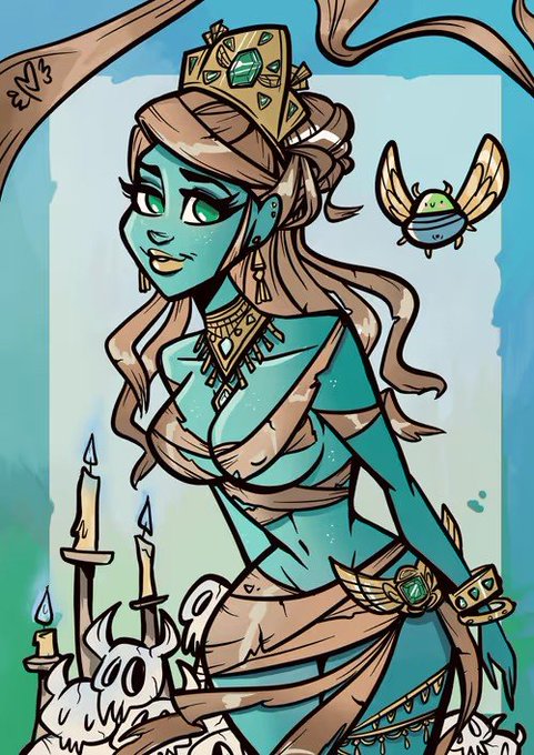 A cartoon-style illustration of a teal-skinned princess wearing a gold crown adorned with a green gem, accompanied by a small winged creature and skeletons with candles in the background.