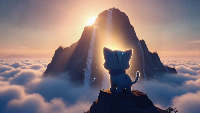 A small white cat sits on a rocky outcrop, gazing out over a sea of clouds toward a towering mountain peak illuminated by the setting sun. A glowing blue tear trails down the cat's face as a waterfall cascades from the mountain summit.