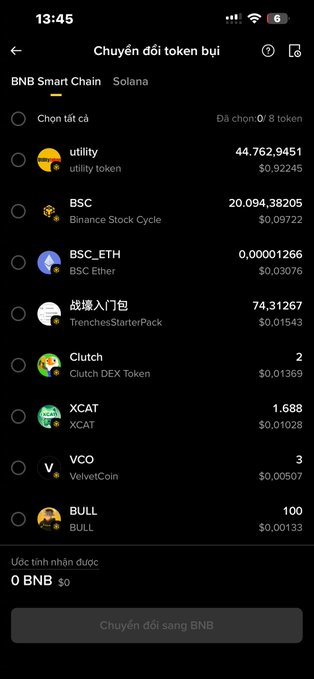 Mobile screenshot of a token dust conversion interface on BNB Smart Chain, showing 8 selected tokens including utility, BSC, and Clutch, with 0 BNB estimated received.