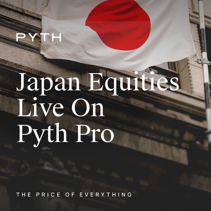 A promotional image with a Japanese flag in the background announcing 'PYTH - Japan Equities Live On Pyth Pro - THE PRICE OF EVERYTHING'.