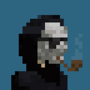 A pixel art illustration of a bearded figure in a black hooded cloak smoking a pipe against a dark blue background.