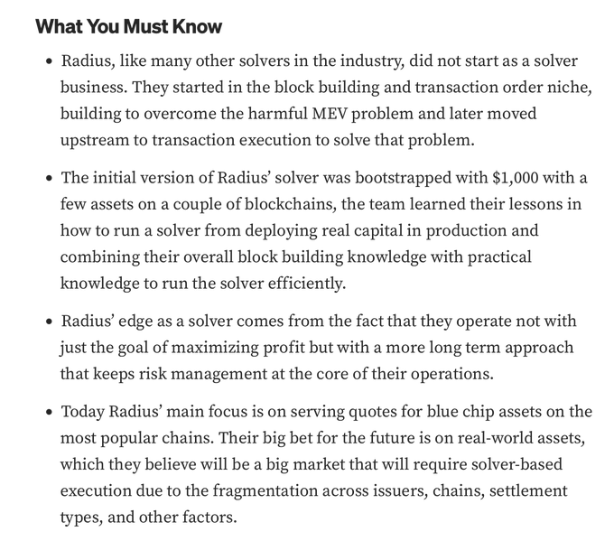 An informational text section titled 'What You Must Know' about Radius, describing how they evolved from block building and transaction ordering into a solver business focused on real-world asset execution.
