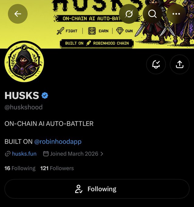 A Twitter/X profile for 'HUSKS' (@huskshood), described as an 'ON-CHAIN AI AUTO-BATTLER' built on Robinhood Chain.