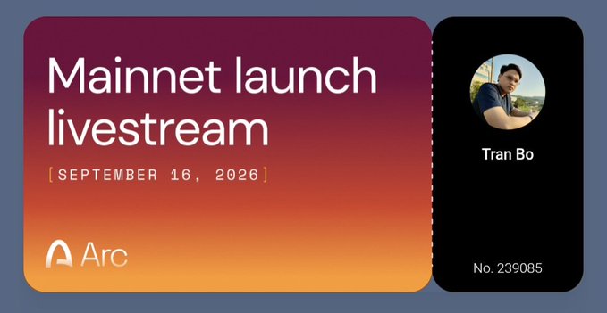 A promotional banner for Arc's 'Mainnet launch livestream' on September 16, 2026, featuring Tran Bo (No. 239085) in a sunset orange gradient design.
