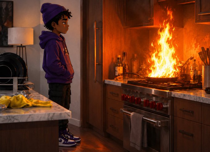 A child in a purple beanie and hoodie stands watching a pan of fire rage on the stove, with a crumpled yellow cloth nearby. The image humorously captures the post's sentiment—watching your money burn is part of the memecoin gamble, but one fiery win might just pull you out of the trenches.