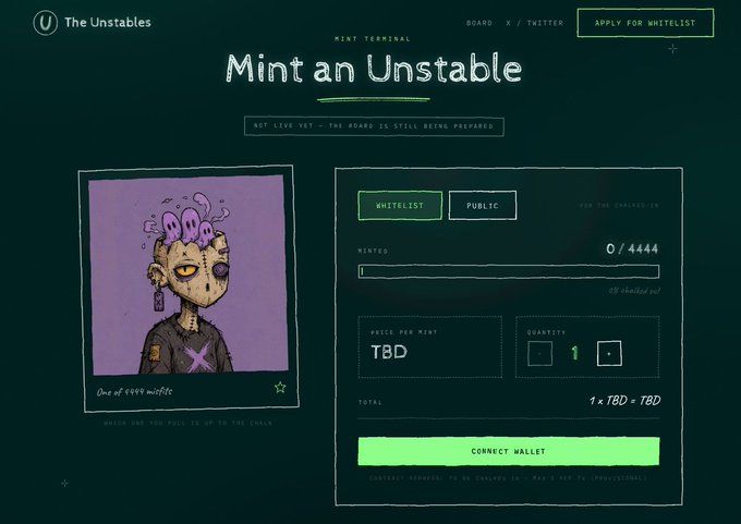 A website screenshot for 'The Unstables' NFT mint terminal titled 'Mint an Unstable', featuring a hand-drawn skull character, 0/4444 minted, and a green 'CONNECT WALLET' button.