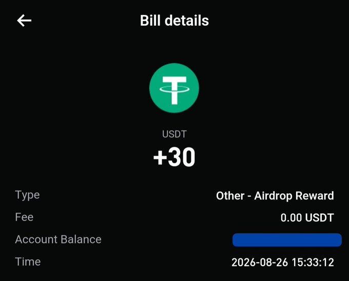 A "Bill details" screen shows a +30 USDT (Tether) airdrop reward received on 2026-08-26 at 15:33:12, with zero fees and an "Other - Airdrop Reward" transaction type, supporting the post's mention of a small but appreciated 30 USDT Web3 airdrop payout from Bitget.