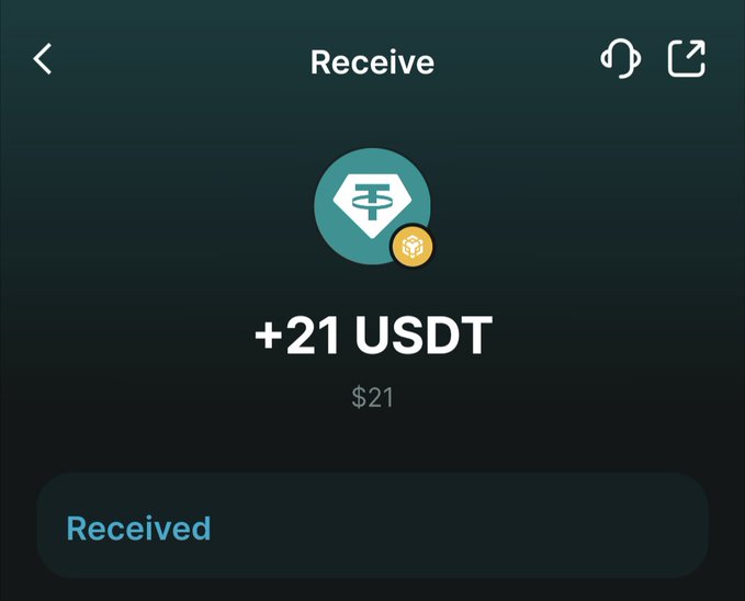 A cryptocurrency wallet 'Receive' confirmation screen showing '+21 USDT' ($21) with a 'Received' status and Tether logo.