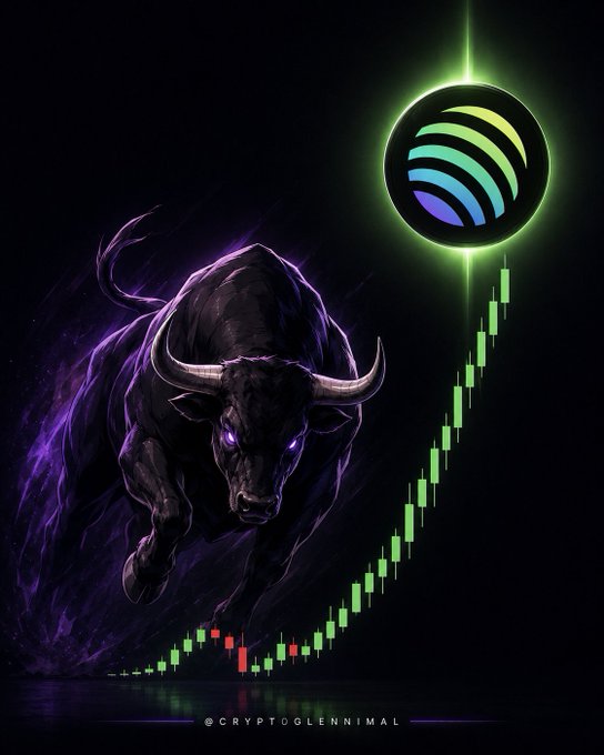 A dark, powerful bull with glowing purple eyes charges forward alongside an ascending green candlestick chart leading up to Jupiter's (JUP) logo, symbolizing the crypto token's bullish momentum. The image is watermarked "@CRYPTOGGLENNIMAL" at the bottom.