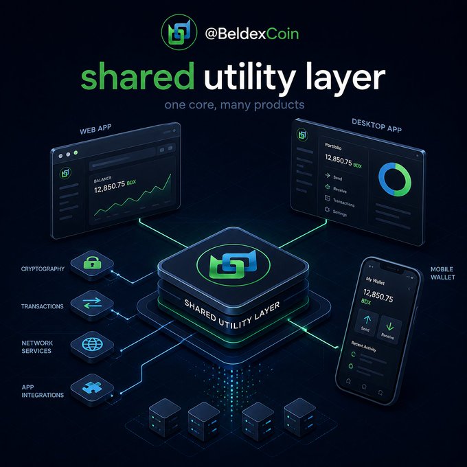 Marketing infographic for @BeldexCoin showcasing their 'shared utility layer' with web app, desktop app, and mobile wallet connecting to a central core with cryptography, transactions, network services, and app integrations.