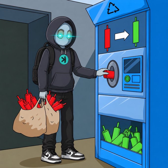 A hooded, glowing-eyed figure with an "X" logo on their sweatshirt deposits red candles into a recycling-style kiosk that converts them into green ones, while carrying a bag of additional red candles. The image visually represents the trading journey from market losses (red candles) to profits (green candles), aligning with the post's promotion of a trading education stream.