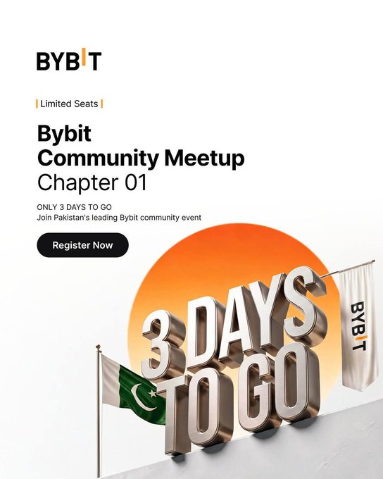 Bybit Community Meetup Chapter 01 promotional flyer in Pakistan with a '3 Days To Go' countdown, Pakistan flag, and a 'Register Now' button.