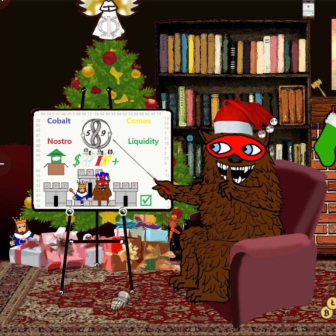 The image shows a furry brown character wearing a Santa hat and red mask, sitting in a red armchair and pointing to a whiteboard with a pointer, in a festive room with a Christmas tree, bookshelf, and presents. The whiteboard displays labels including "Cobalt," "Nostro," "Comrex," and "Liquidity," along with a price scale where the character is indicating the number 9, consistent with the post noting the date 9/5.