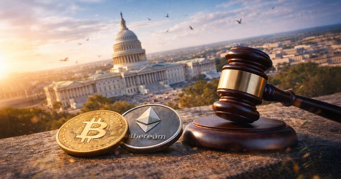 A digital illustration features physical Bitcoin and Ethereum coins next to a wooden gavel, set against a backdrop of the U.S. Capitol building at sunset.
