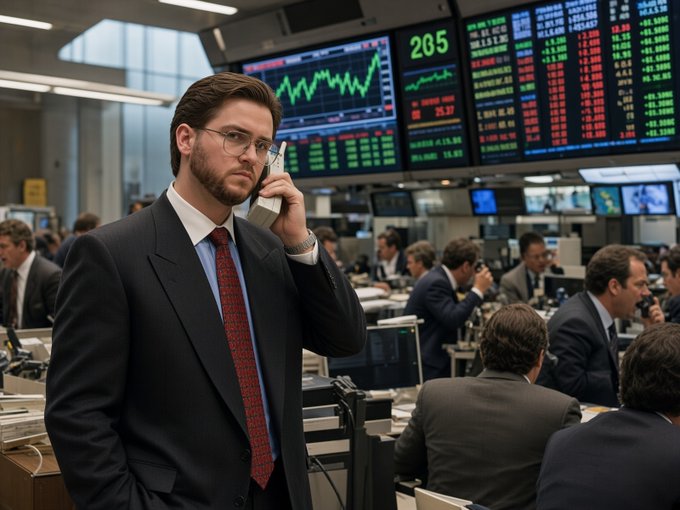 A man in a dark suit and red patterned tie talking on a white landline phone on a busy trading floor, with large screens displaying green stock charts and the number '205' in the background.