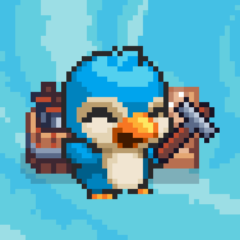 Pixel art of a blue penguin-like character with a tan belly, wearing goggles and holding a stone pickaxe, set against a bright blue sky.