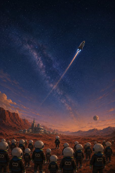 An AI-generated sci-fi illustration showing a group of astronauts wearing space suits with infinity symbol logos, watching a rocket launch into a starry sky above a desert landscape with a futuristic city and a distant planet.
