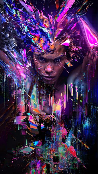 A vibrant, surreal digital artwork depicts a central face surrounded by chaotic crystalline structures, neon lights, and a cyberpunk cityscape in shades of purple, blue, and pink.