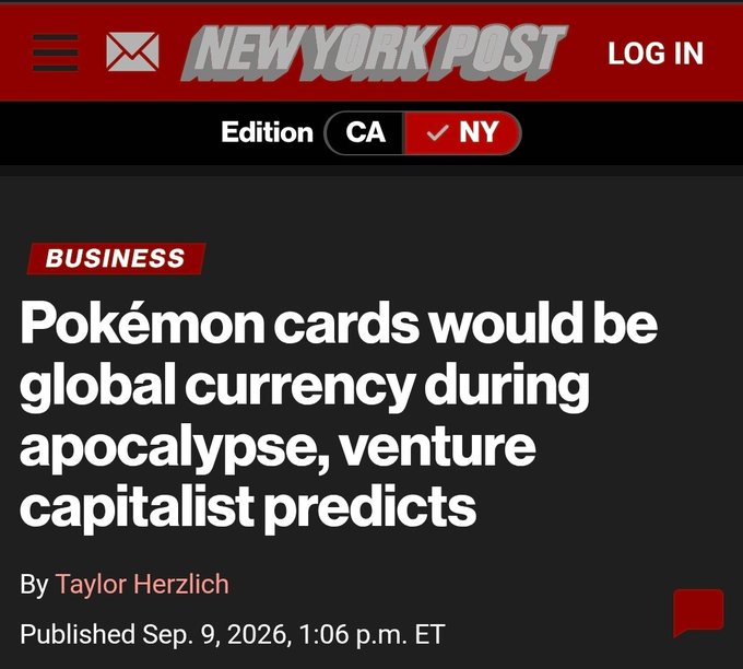 A New York Post news article screenshot with the headline "Pokémon cards would be global currency during apocalypse, venture capitalist predicts" by Taylor Herzlich, published Sep. 9, 2026.