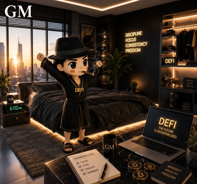 An AI-generated image of a chibi-style character wearing a black hat and 'DEFI' robe smoking a cigar in a luxury bedroom, with a laptop displaying 'DEFI THE FUTURE IS DECENTRALIZED' and words like 'DISCIPLINE', 'FOCUS', 'CONSISTENCY', 'FREEDOM' on the wall.