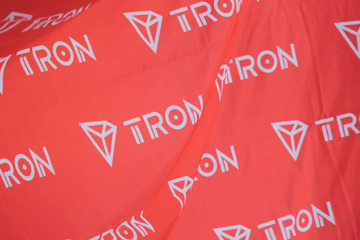 The image features a red fabric with white logos, including the word "TRON" written in white letters. The text "Thanks to all the friends who participated in the #TRON Academy activities during @ETHGlobal New York Week! The next generation of builders is continuously growing and expanding." This suggests that the fabric could be used for promotional purposes or as a unique design element, possibly related to an event or campaign involving the cryptocurrency industry.