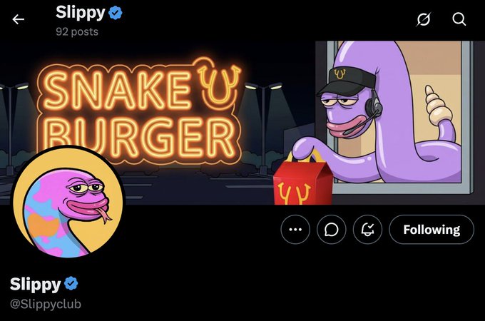 This image shows the Twitter/X profile of "Slippy" (@Slippyclub) with 92 posts and a verified badge, featuring a "Snake Burger" neon sign and a cartoon snake mascot in a drive-thru window. The snake burger theme ties into the post's playful mention of "Keep an eye on this snake" while promoting the Slippyclub project.