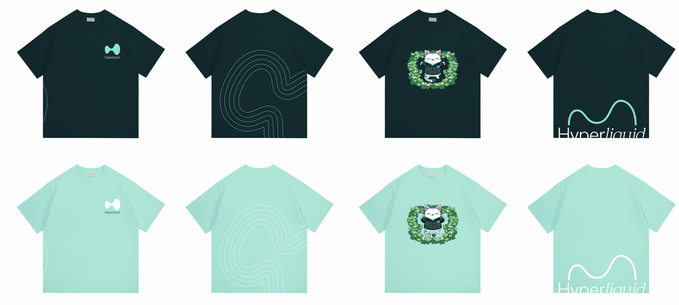 A product display showing eight t-shirts in black and mint green with various 'Hyperliquid' logos and a character graphic.