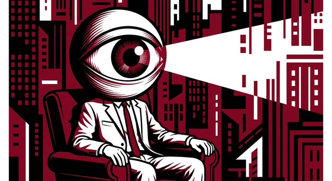 A stylized illustration of a figure in a suit sitting in a chair, featuring a giant eye for a head that projects a beam of light, set against a dark red and white cityscape.