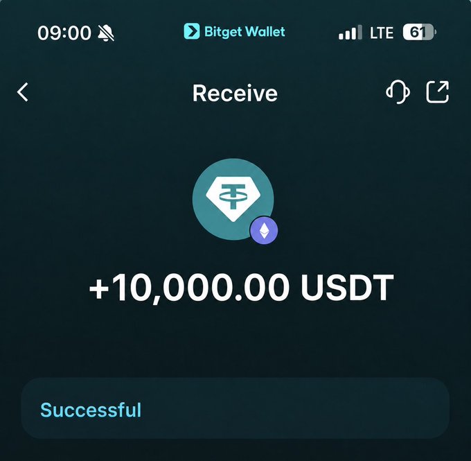 A screenshot of the Bitget Wallet app showing a successful receipt of +10,000.00 USDT (Tether) at 09:00.