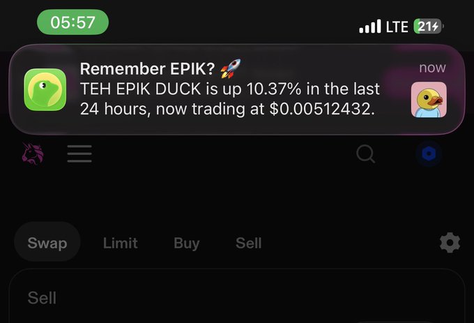 A mobile phone screenshot shows a notification from 05:57 stating "Remember EPIK? 🚀 TEH EPIK DUCK is up 10.37% in the last 24 hours, now trading at $0.00512432," reinforcing the post's message about $EPIK remaining consistent and gaining value even during a quiet Sunday.