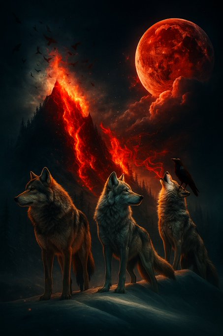 A digital fantasy artwork depicting three wolves standing on a snowy ridge, gazing at a glowing red volcano and a large blood-red moon in the night sky.