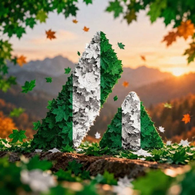 A digital artwork depicting two triangular structures covered in green ivy and white stones, styled like the Nigerian flag, set against an autumn sunset.
