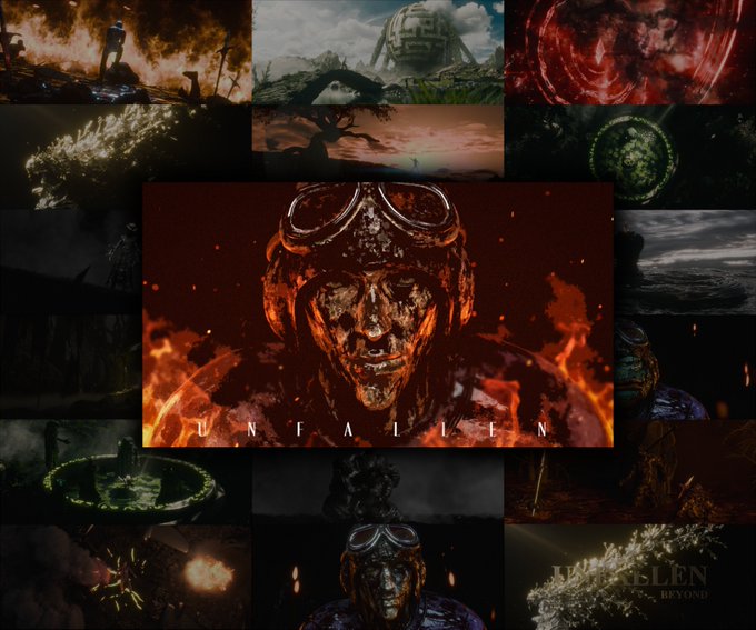Dark, cinematic collage of artwork titled 'UNFAILEN' featuring a central figure with goggles and a metallic face surrounded by fiery and apocalyptic scenes, with 'UNFAILEN BEYOND' text visible in the corner.