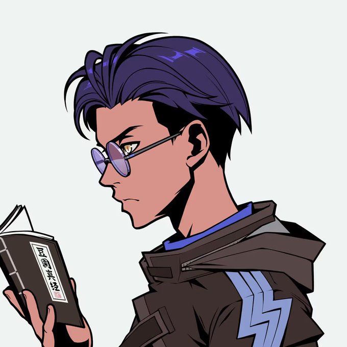An anime-style illustration of a man with purple hair and round glasses reading a book with Chinese/Japanese characters on the spine, wearing a dark jacket with a lightning bolt design.